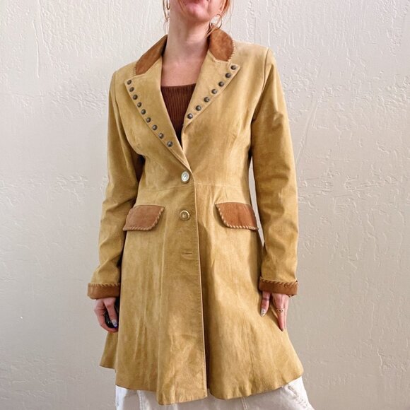 Vintage Suede Leather Military Style Trench Coat - Picture 4 of 10